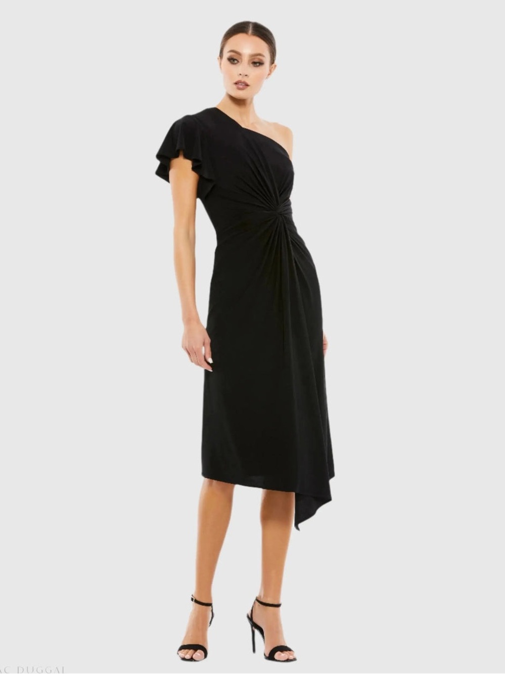 Mac Duggal Black One Shoulder Midi Length Jersey Dress $398
